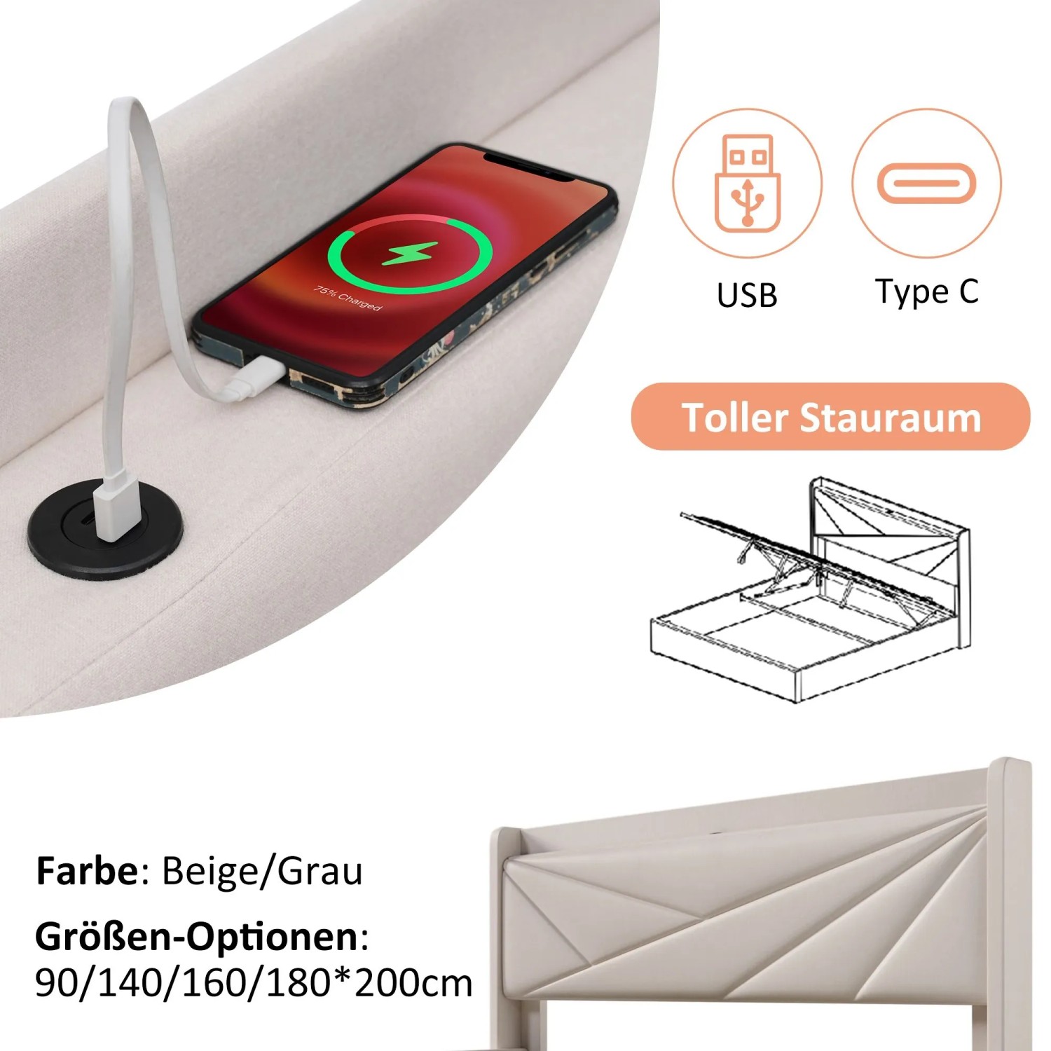 okwish Polsterbett 160x200cm mit Stauraum USB C Jugendzimmer Beige ohne Matratze_7