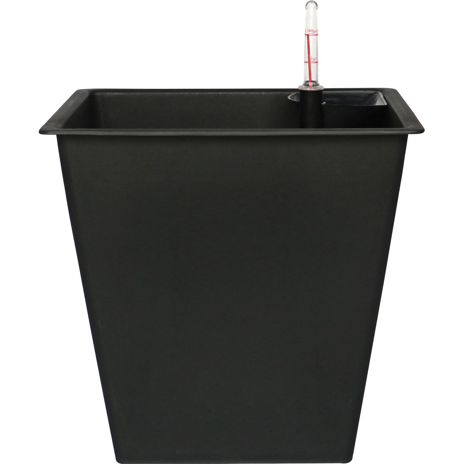 Schwarzes Pflanzgefäß (53x28x28 cm) mit Wasserstandsanzeige für den Innen- und Außenbereich.