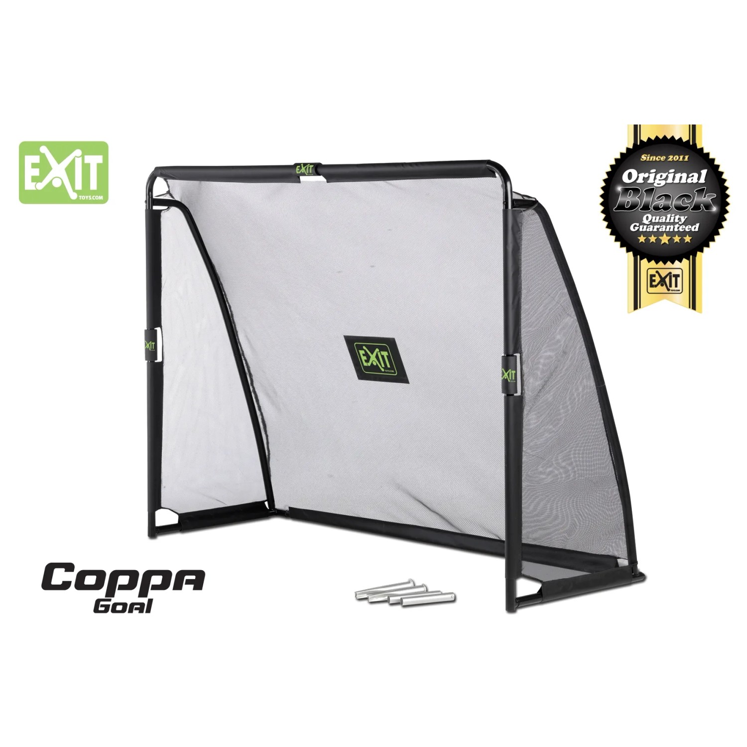 Schwarzes EXIT Coppa Fußballtor aus Stahl, 220x170cm, mit Netz und Bodenanker.