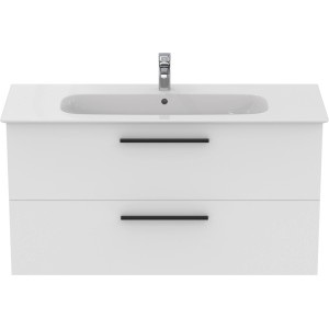Ideal Standard i.life A Waschtisch-Paket, 120 cm, Weiß mit Unterschrank und schwarzen Griffen.
