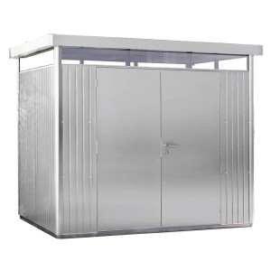 Biohort HighLine Metall-Gerätehaus in Silber-Metallic mit Doppeltür und Flachdach.