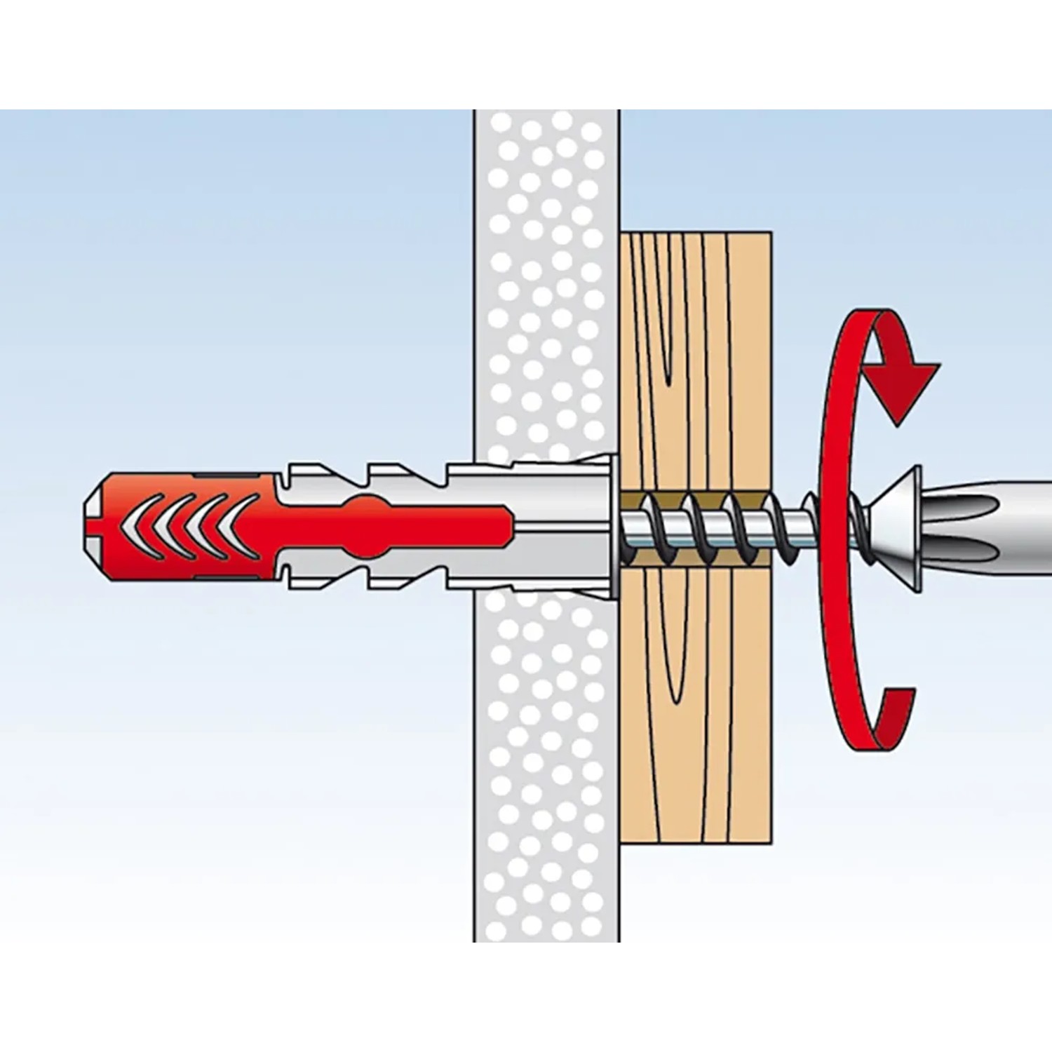 Fischer Duopower Dübel 8x65 mit Schraube im Einsatz in Wand und Holz.