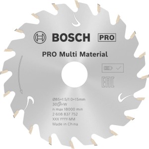 Silbernes Bosch Kreissägeblatt Standard for Multi Material mit Hartmetallzähnen für Akkusägen. Präzise Schnitte in Holz, Metall, Kunststoff.