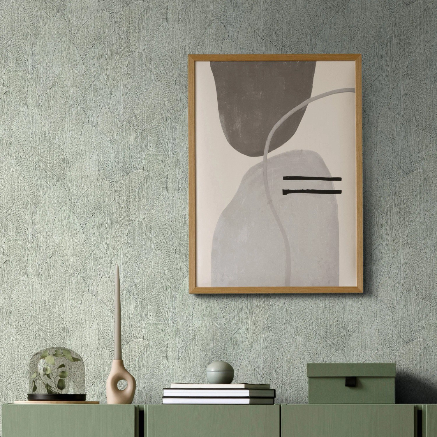Marburg Vliestapete in Grün mit Blattmuster und modernem, floralem Design an der Wand.