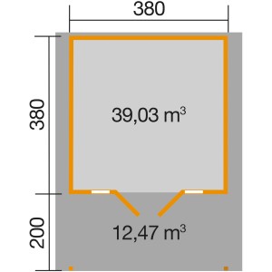 Grundriss Weka Weekendhaus 137 A, 380x580 cm mit 200 cm Vordach. Ideal als Wochenendhaus.