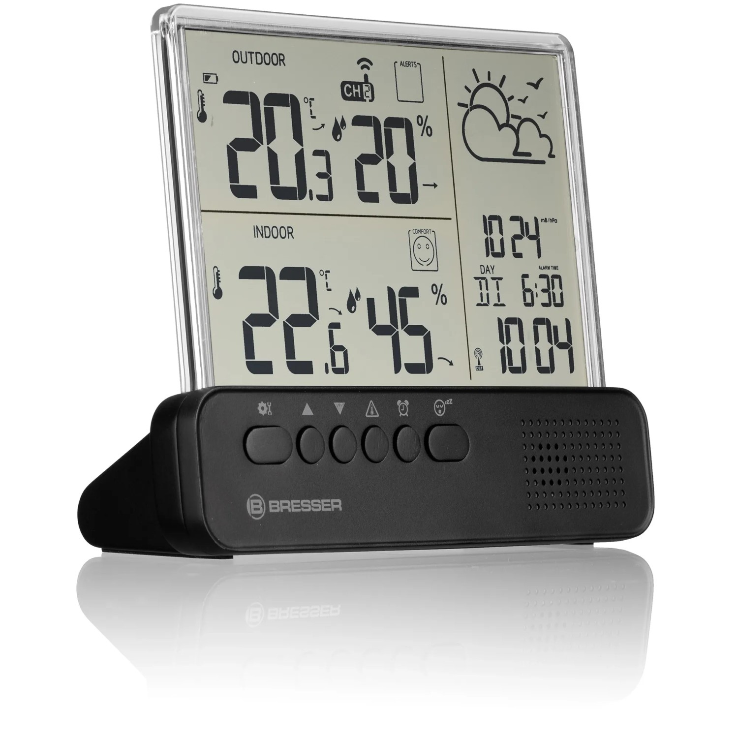 Bresser Funk-Wetterstation Translucidus NV mit transparentem Display und Außensensor.