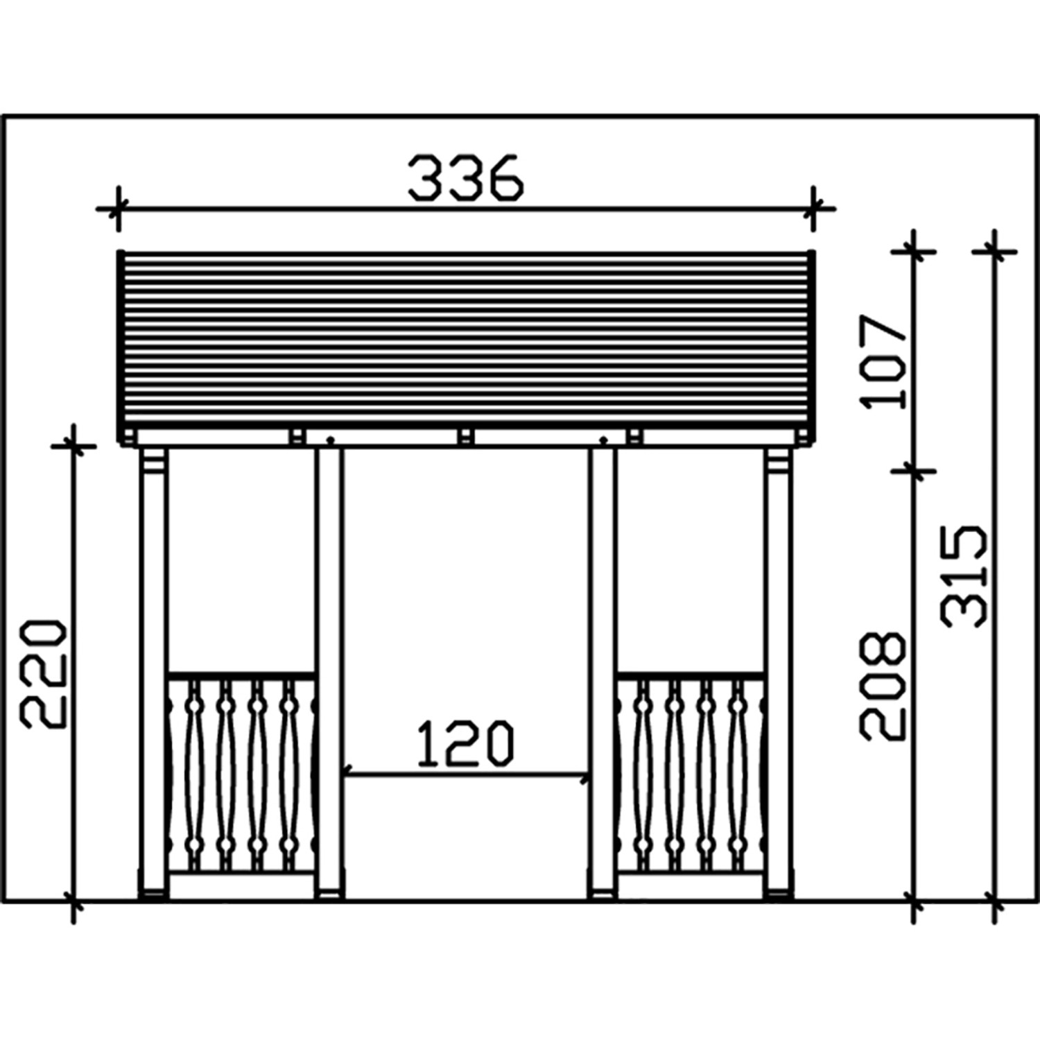 Technische Zeichnung: Skan Holz Haustür-Vordach Paderborn 8, weiß lasiert, mit Maßangaben.