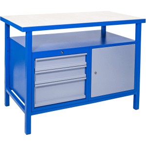 Güde Werkbank P 1200 SLT in Grau-Blau mit Schubladen und Tür.