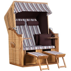 Strandkorb Trend 10+ von Trendy by Devries aus Akazienholz mit blau-braun gestreiftem Dessin.