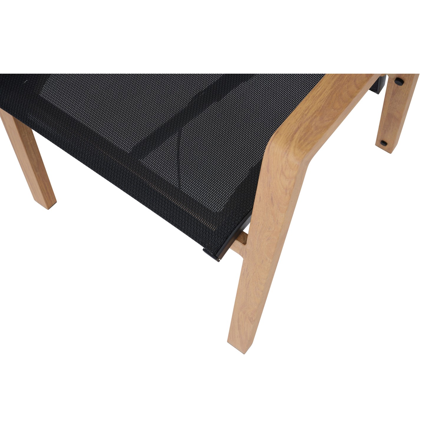 Detailaufnahme: Siena Garden Dining Sessel Move Catania, schwarz-braunes Netz, Teaklook-Gestell.