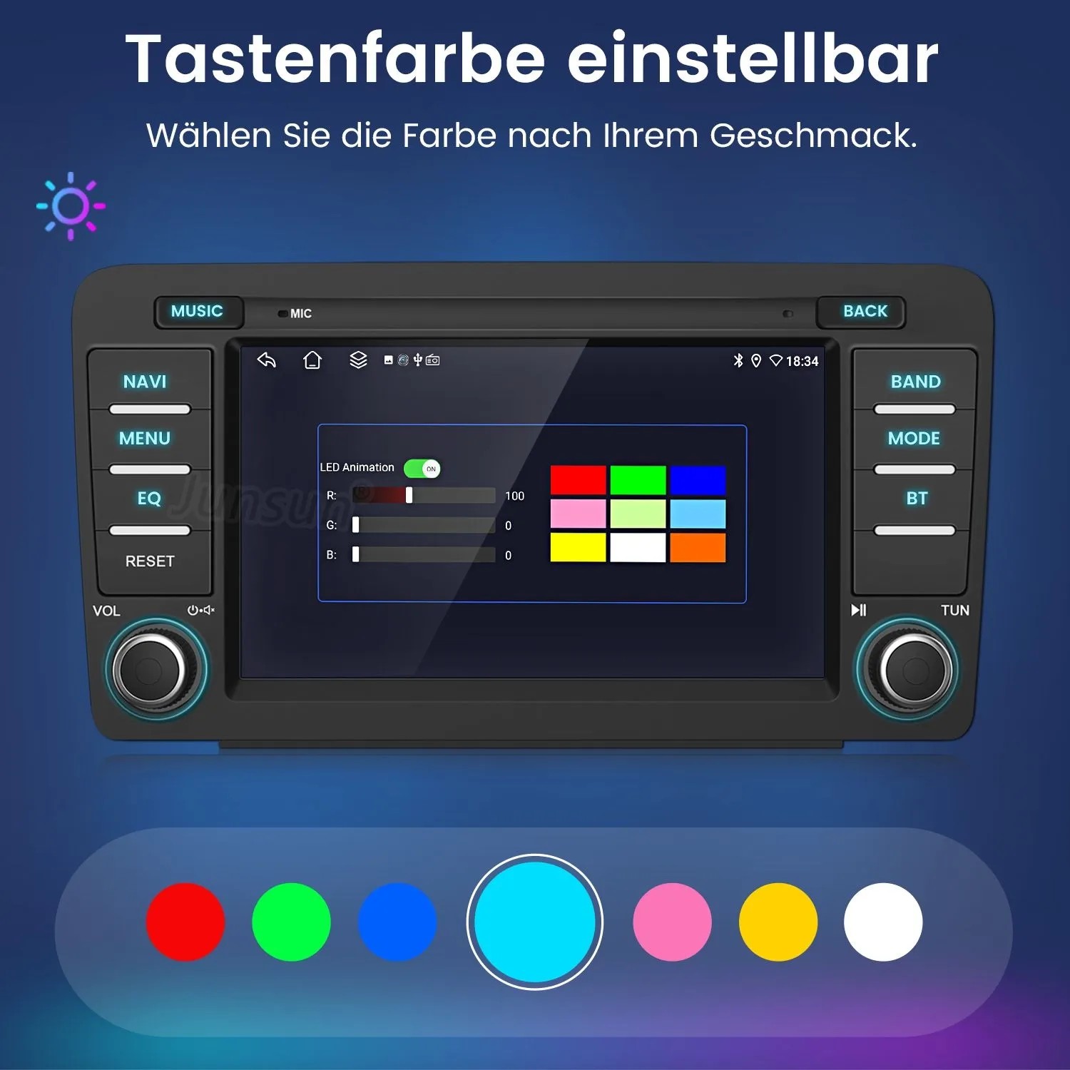 Junsun Autoradio für Skoda Octavia. Schwarzes Android Radio mit einstellbarer Tastenfarbe und Farbauswahl am Touchscreen.