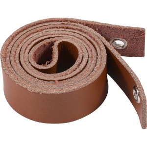 Brauner Regalwinkel aus Leder, gerollt. Geeignet für Regalböden von 20-24 cm.