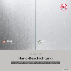 Duschkabinen-Glas: Vergleich ohne (links, Kalk) und mit (rechts, abperlende Tropfen) Nano-Beschichtung für leichte Reinigung.