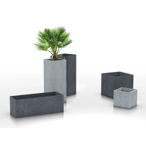 Scheurich C-Cube Pflanzgefäße in Stony Black, verschiedene Größen und Formen.