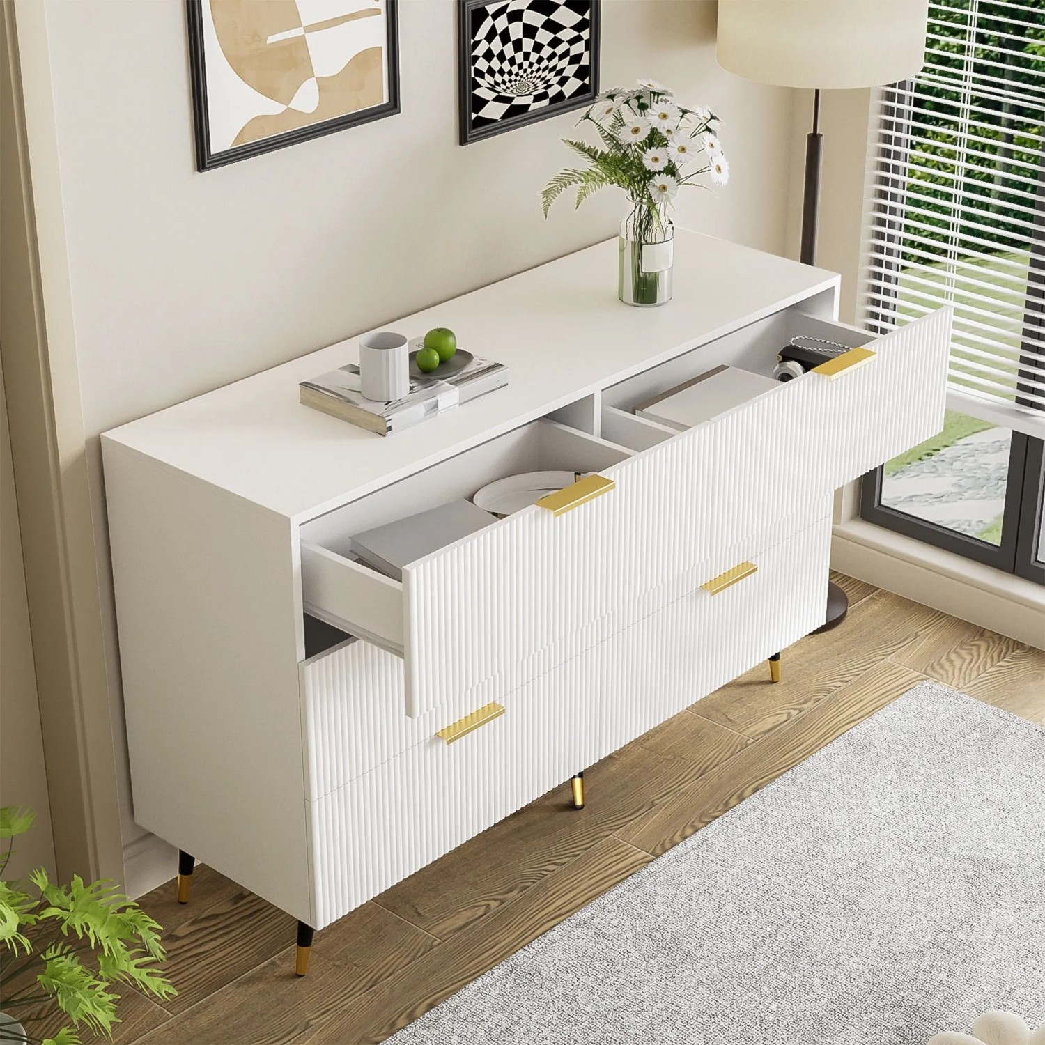 okwish Sideboard mit Schubladen Stauraum Wohnzimmer Elegant Modern 120x77x40cm Weiß_3