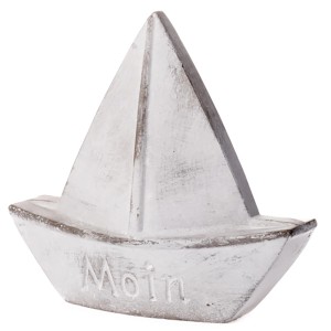 Grau-weißes Deko Segelschiff „Moin“, 18 cm, maritime Gartendekoration für Innen und Außen.