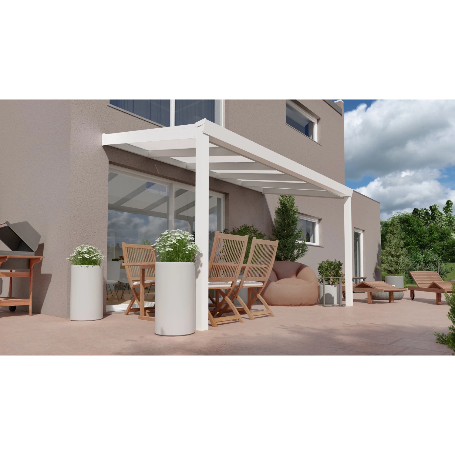 Weiße Terrassenüberdachung Professional 400x250 cm mit opalem Polycarbonat-Dach.