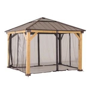 Sunjoy Zedernholz Pavillon mit Moskitonetz, 336x336 cm, Khaki. Ideal für entspannte Stunden im Garten.