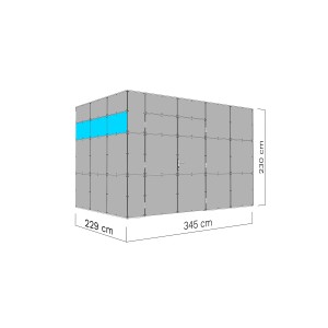 Bertilo Gartenhaus HPL 2 Italian Walnut, 345x229cm, Ansicht mit Maßangaben. Weekendhaus mit Flachdach.