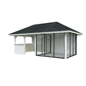 Palmako Pavillon Bianca Set, 588x300 cm, weiß lackiert. Weekendhaus mit Schiebetüren und Tresen.