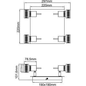 Technische Zeichnung der Brilliant LED-Spotplatte Kassandra, 4-flammig, aus Eisen und Chrom mit Maßen.
