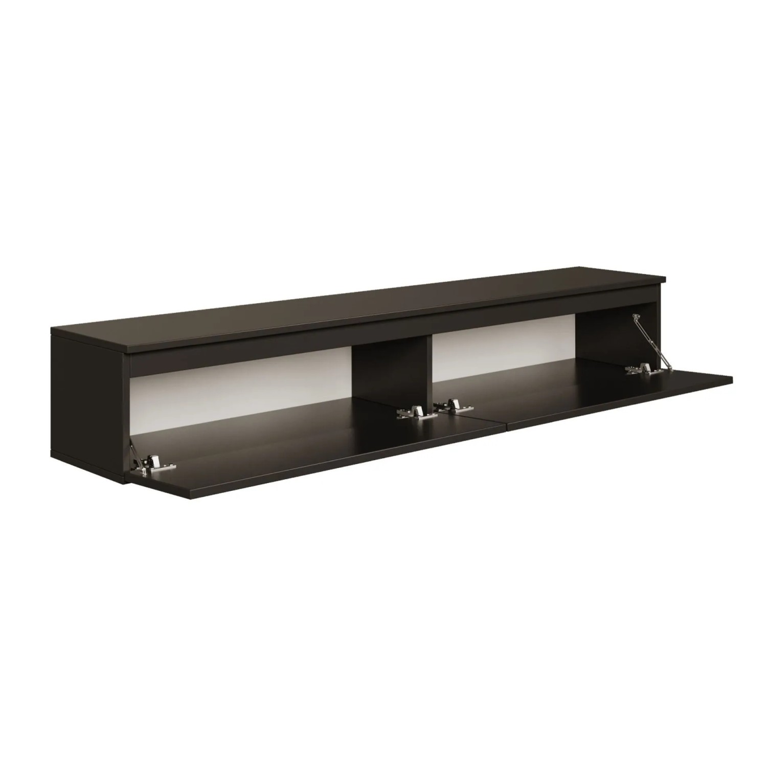 Schwarzes Selsey TV-Hängeboard Bemmi, 175 cm, mit zwei offenen Klappenfächern für Wandmontage. Moderner TV-Schrank.