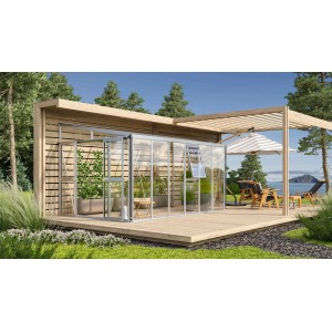 Vitavia Gewächshaus Athena 10200 aus Alu mit Pflanzen auf Terrasse. Anlehngewächshaus für Garten.