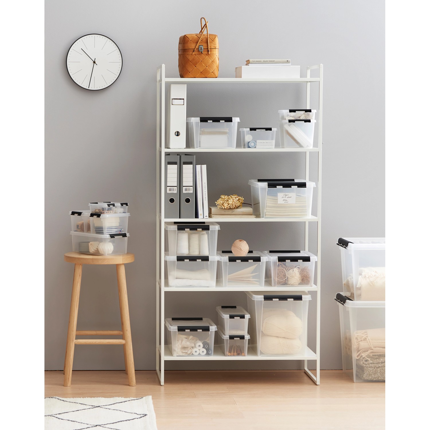 SmartStore Aufbewahrungsbox Classic 1,5 l auf einem Regal, transparent mit schwarzem Deckel.