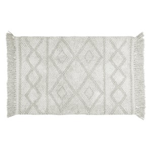 Graue Wenko Badematte Urla (60x90 cm) mit geometrischem Jacquard-Muster und Fransen.