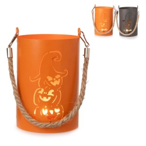 Oranges Metall-Windlicht mit Kürbismotiv und Jutehenkel, 16 cm. Perfekt für Herbst- & Halloween-Deko. Auch in Grau.