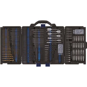 223-teiliges LUX Kombibohrer- und Bit-Set im schwarzen Koffer, verschiedene Bohrer und Bits.