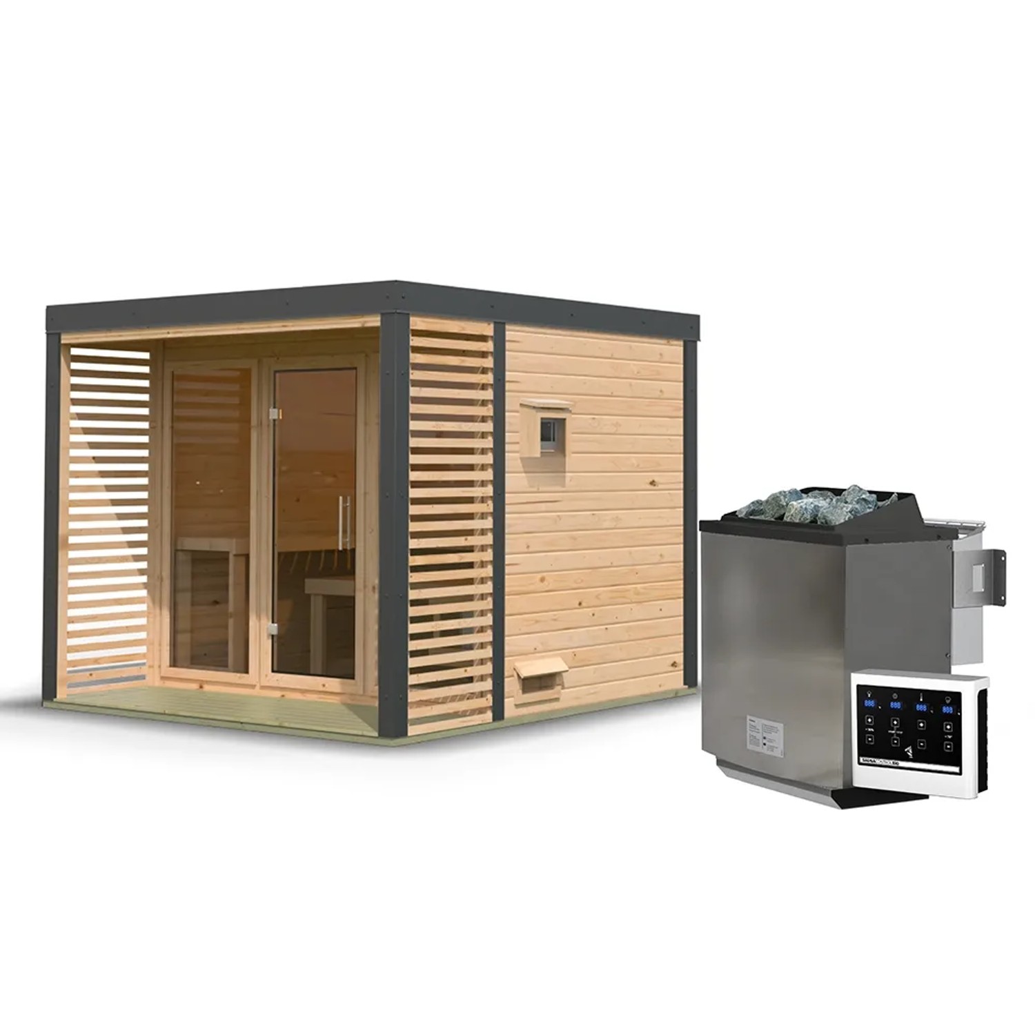 Karibu Saunahaus Seros 3, naturbelassen/anthrazit, mit Ofen und Steuerung. Holzsauna für den Garten.