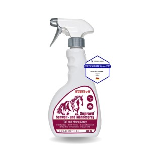 Supravit Schweif- und Mähnenspray für Pferde, 500 ml Flasche. Pflegt für glänzendes Fell und leichte Kämmbarkeit.