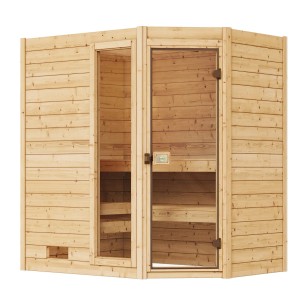 Weka Massivholzsauna Valida Eck mit Glastür und Fenster, 5,4 kW Saunaofen für entspannte Saunagänge.