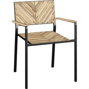 Gartensessel Ovando mit Armlehnen aus Akazienholz und Stahlrahmen.