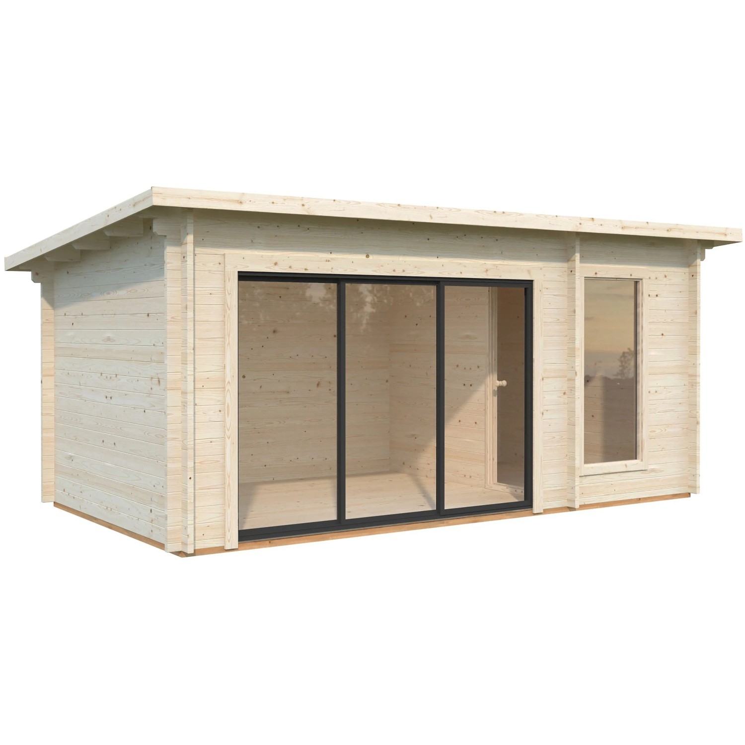 Palmako Sauna Sanna Slide Plus: Naturbelassenes Saunahaus mit Schiebetür und Panoramafenster.