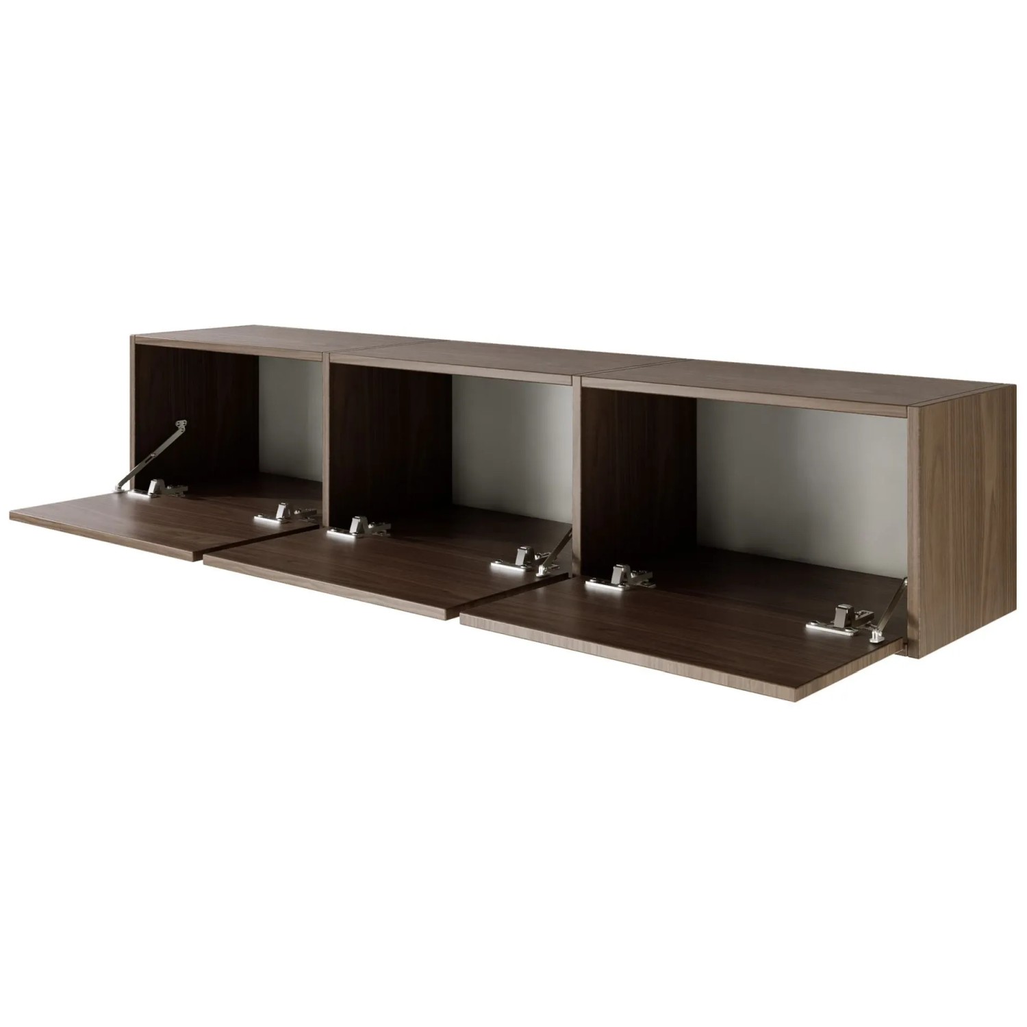 Selsey Framme TV-Hängeboard 150 cm, Walnuss-Holzoptik. Modernes, wandmontiertes TV-Möbel mit 3 geöffneten Klappen.