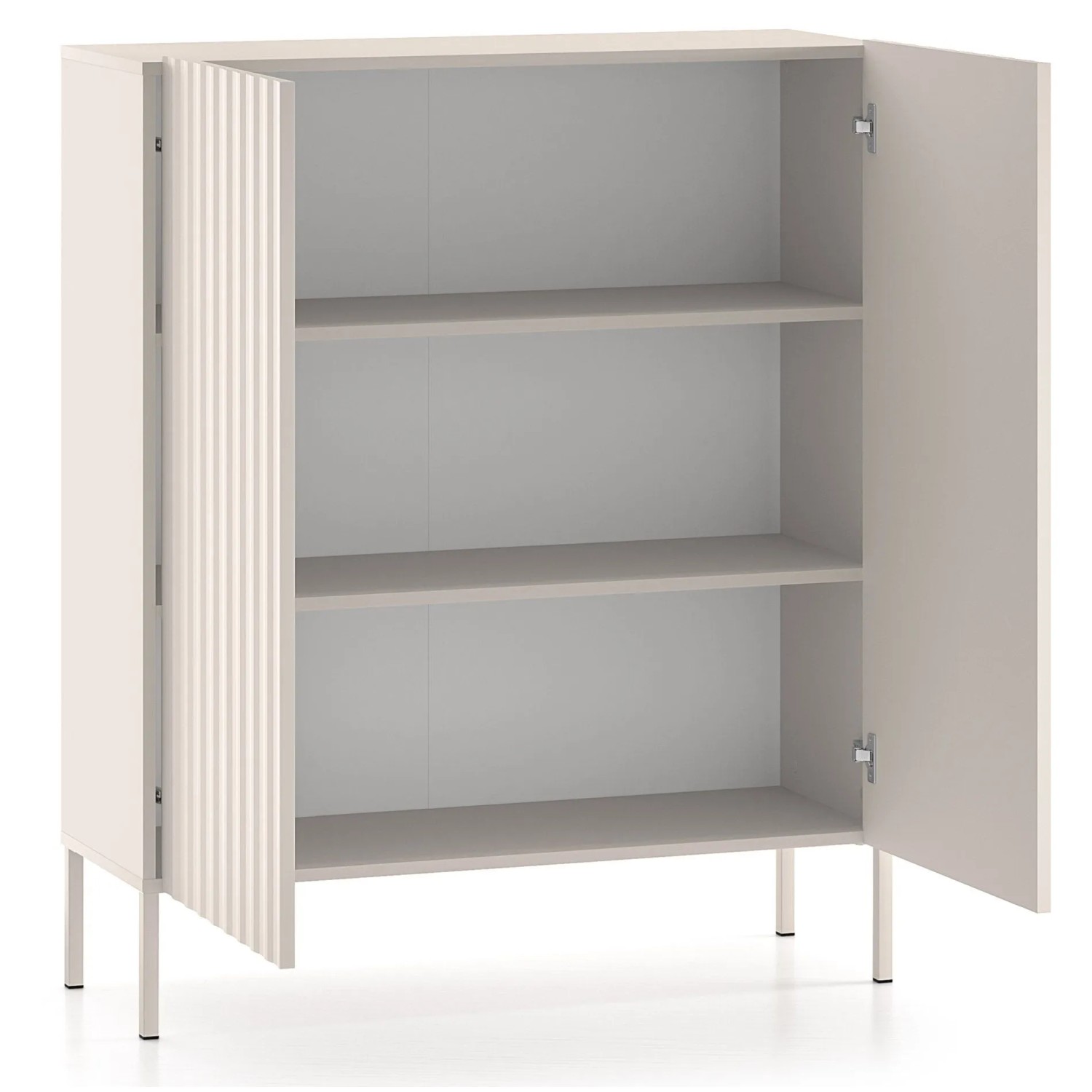 Selsey Highboard Derriva in Kaschmir, zweitürig, mit gerillter Front, beide Türen offen, drei Innenfächer, auf Metallbeinen.