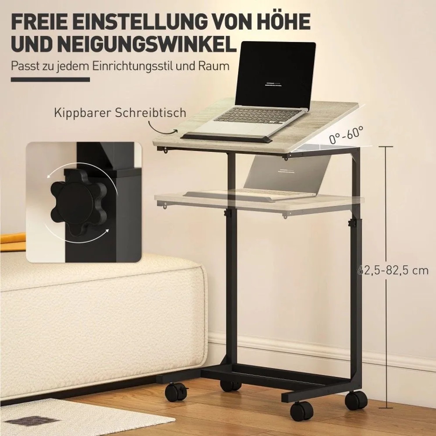 HOMCOM Beistelltisch Eiche, höhenverstellbar & neigbar, mit Rollen. C-förmiger Laptoptisch für Sofa oder Bett.