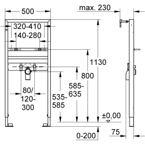Technische Zeichnung: Grohe Solido Vorwandelement für Waschtisch, Bauhöhe 1,13m, mit Maßangaben.