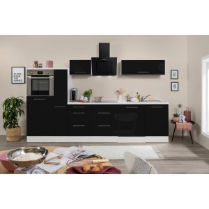 Respekta Premium Küchenzeile 310 cm in Schwarz Hochglanz/Weiß mit E-Geräten.