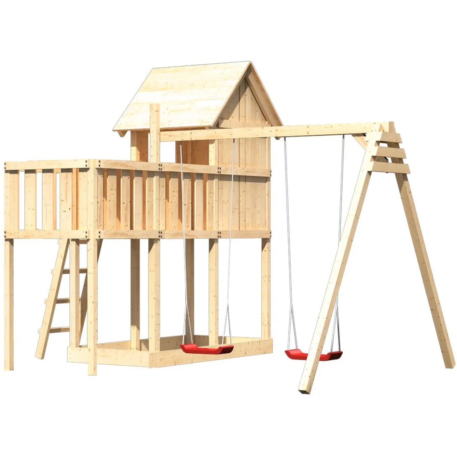 Karibu Stelzenhaus Frieda mit Doppelschaukel und Anbauplattform aus Holz.