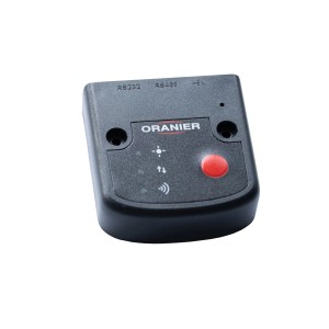 Schwarze Oranier Fernbedienung für Pelletöfen mit rotem Knopf.