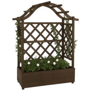 Braunes MCW Hochbeet P66 mit Rankgitter und Spalier aus Holz, 138x110x44cm.