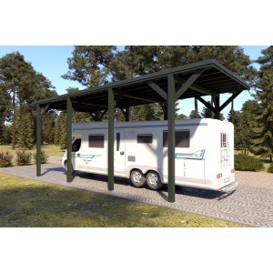 Holzbrüder Camping-Carport Ralf in Chromoxidgrün mit Wohnmobil. Blechdach in Dornengrün.