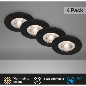 Vier dimmbare Brilo LED-Einbauleuchten Kulana, schwarz matt, 4,9W, für Innen- und Badbereich.