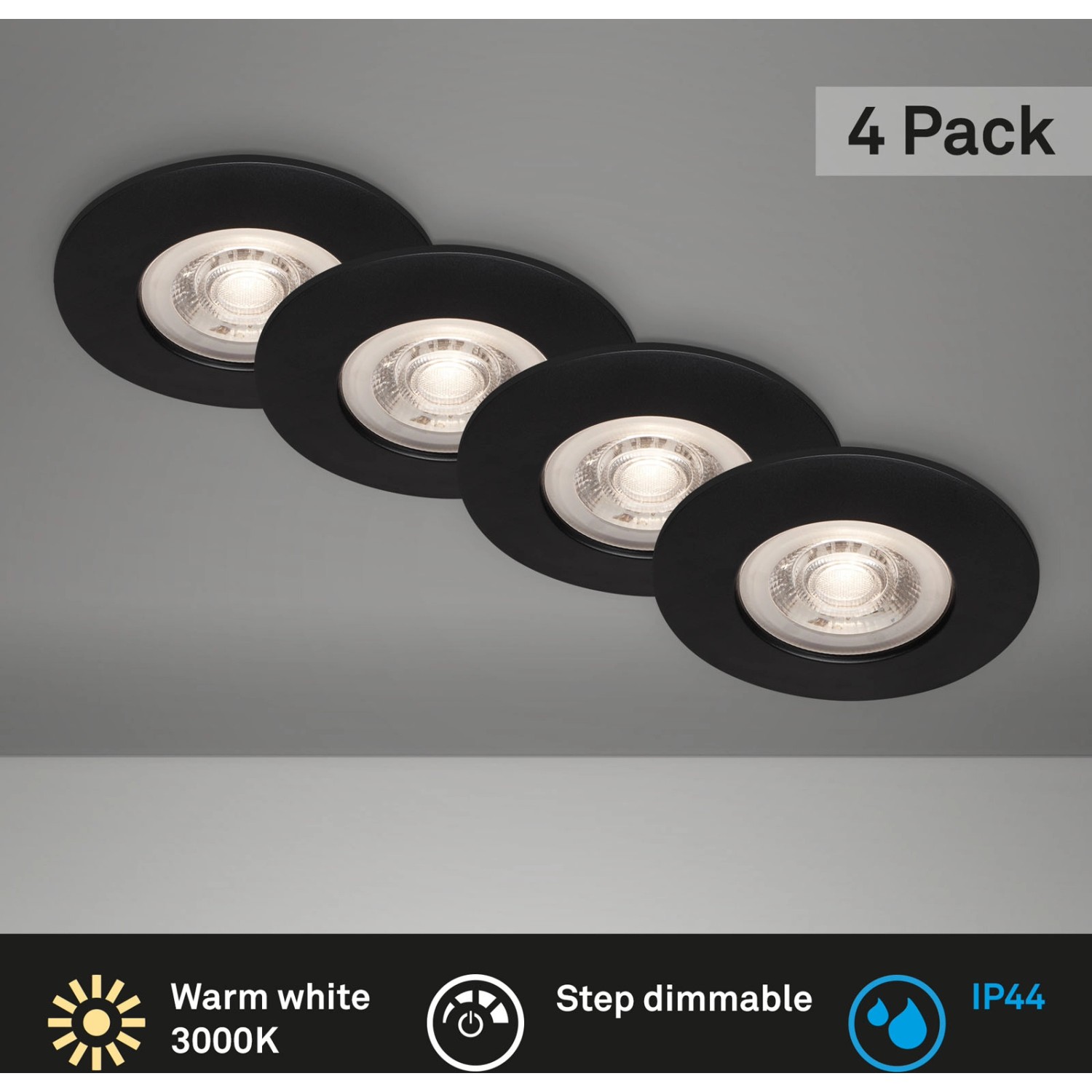 Vier dimmbare Brilo LED-Einbauleuchten Kulana, schwarz matt, 4,9W, für Innen- und Badbereich.