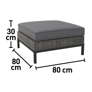 Grauer Lounge Hocker Alridge aus Polyrattan mit Auflage, Maße 80x80x30 cm.