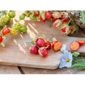 GROW Rosinentomaten auf Holzbrett: Rote, runde Früchte mit Kelch, teilweise angeschnitten.