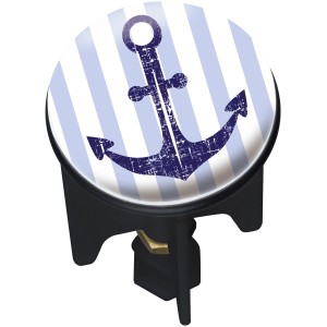 Wenko Abfluss-Stopfen Pluggy Sailor mit blauem Anker auf weiß-blau gestreiftem Grund.